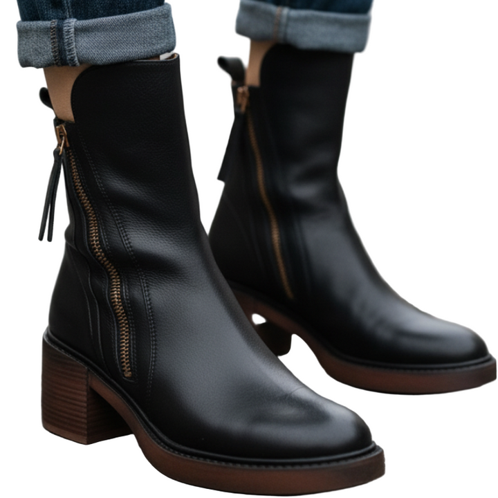 Valorine™ | Botte en cuir noire avec talon confortable, élégante et intemporelle