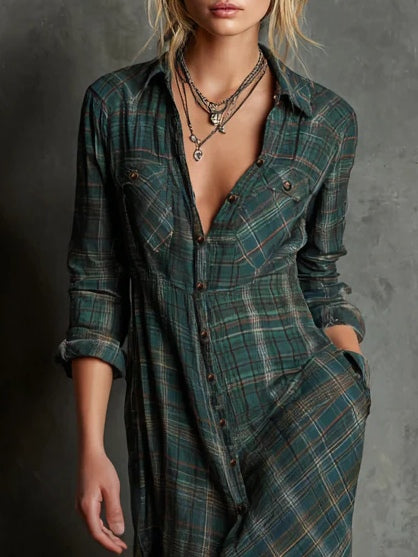 Ebba™ - Robe Chemise Verte à Carreaux avec Col et Fermeture Boutonnée