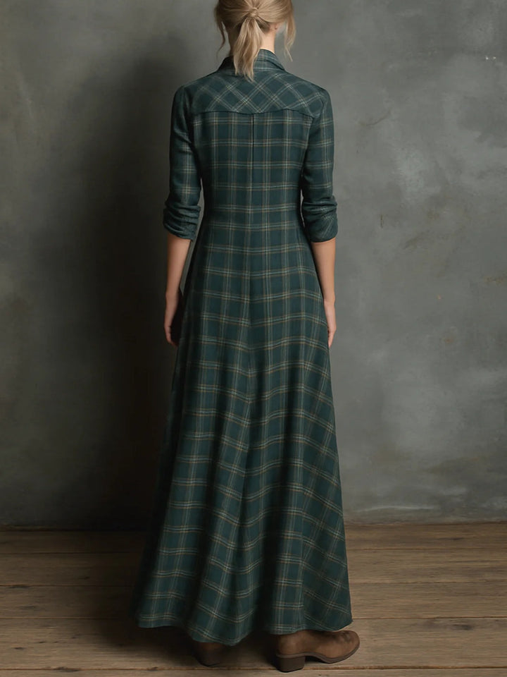 Ebba™ - Robe Chemise Verte à Carreaux avec Col et Fermeture Boutonnée