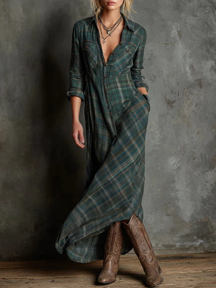 Ebba™ - Robe Chemise Verte à Carreaux avec Col et Fermeture Boutonnée